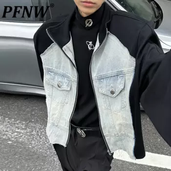 Мужская одежда PFNW, короткая джинсовая куртка на молнии с наплечниками в стиле пэчворк, модная Осенняя нишевая Свободная куртка 12C1457