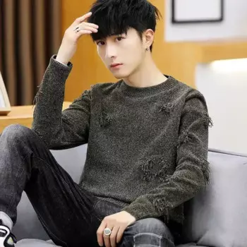 Мужская одежда рваные однотонные трикотажные свитера для мужчин с дырками простые зеленые фотообои Весна-Осень корейский стиль 2024 V