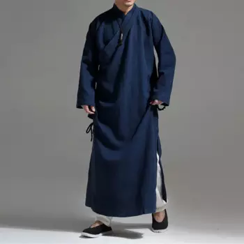 Мужская одежда в китайском стиле, халат, винтажная длинная льняная рубашка ханьфу со скошенной планкой, костюм Тан, халат дзен, буддийская одежда, кунг-фу