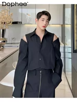 Мужская Однотонная рубашка с открытым плечом и длинными рукавами