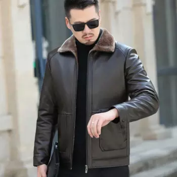 Мужская осенне-зимняя плюшевая утепленная кожаная деловая повседневная куртка из овечьей кожи с мехом
