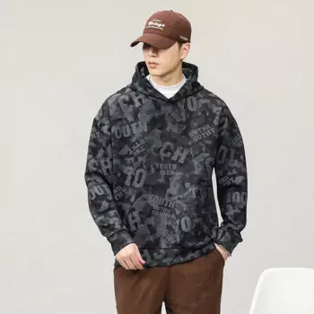 Мужская осенне-зимняя свободная футболка с длинным рукавом и принтом