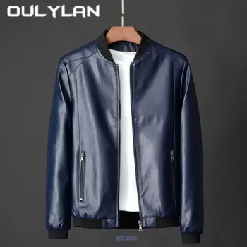 Мужская Осенняя кожаная куртка-бомбер с карманами, из ПУ кожи
