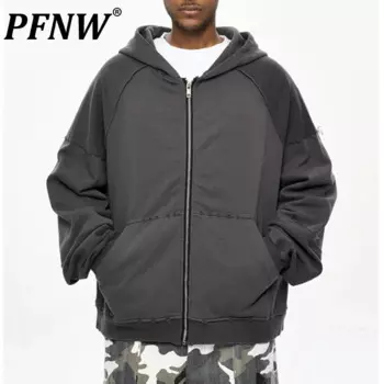 Мужская потертая толстовка с капюшоном PFNW, повседневный свободный черный кардиган на молнии с открытой спиной, осенняя новая куртка, 12C1434