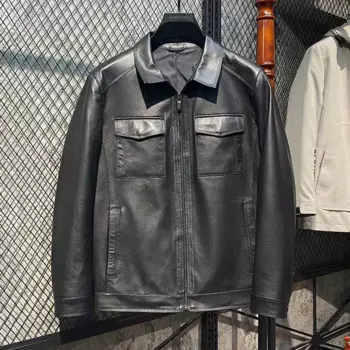 Мужская повседневная куртка из натуральной овечьей кожи, черная кожаная куртка с лацканами, 2023