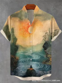 Мужская повседневная льняная рубашка с короткими рукавами и 3D-принтом Harajuku Street, 2024, рубашка с откидным воротником, верхняя модная мужская рубашка