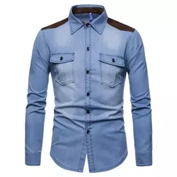 Мужская Повседневная модная универсальная хлопковая приталенная Однотонная рубашка с карманами и длинными рукавами, джинсовая рубашка