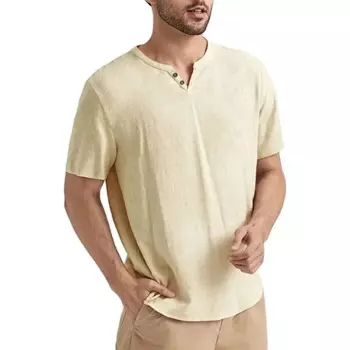 Мужская Повседневная рубашка из хлопка и льна, свободная и удобная Пляжная Однотонная футболка с коротким рукавом, лето 2024