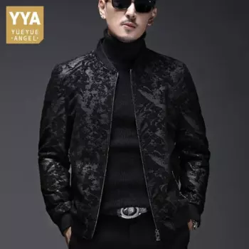 Мужская приталенная куртка-бомбер из натуральной кожи, с цветочным принтом