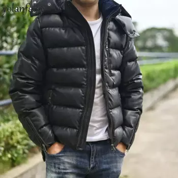 Мужская приталенная куртка из натуральной овечьей кожи, с капюшоном