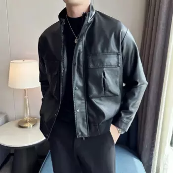 Мужская приталенная осенняя куртка-бомбер, Байкерская мотоциклетная куртка на молнии из искусственного меха, Мужская винтажная Черная куртка-бомбер из искусственной кожи