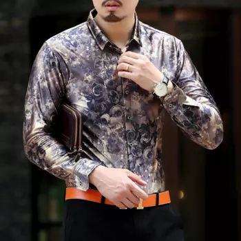 Мужская приталенная рубашка с длинным рукавом, с цветочным принтом