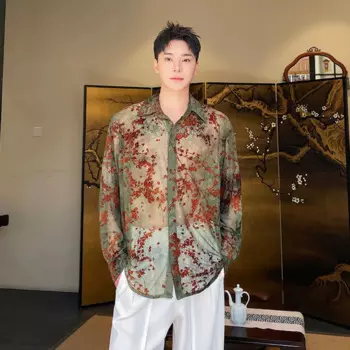 Мужская прозрачная рубашка с цветочным принтом, с длинным рукавом