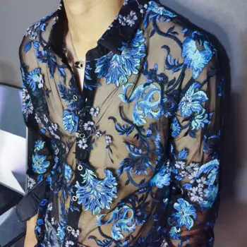 Мужская прозрачная сетчатая рубашка Chemise Homme, роскошная прозрачная рубашка 4xl с вышивкой, кружевная Клубная вечерние, рубашки с длинными рукавами для мужчин