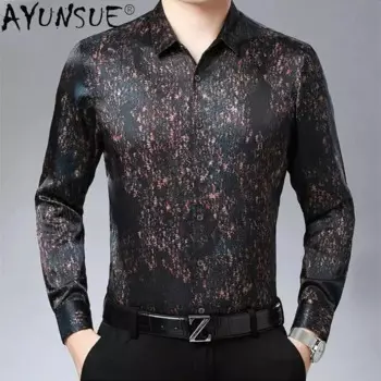 Мужская рубашка из натурального шелка, Повседневная рубашка с длинным рукавом и цветочным принтом, 93%