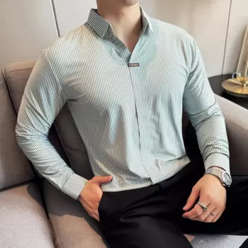 Мужская рубашка-поло, осень-зима, новые рубашки-поло с v-образным вырезом в вертикальную полоску, высококачественная бесшовная эластичная облегающая повседневная футболка с длинными рукавами