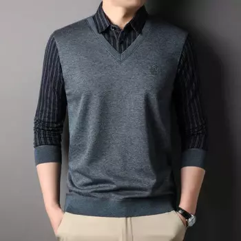 Мужская рубашка-поло с длинным рукавом, в полоску