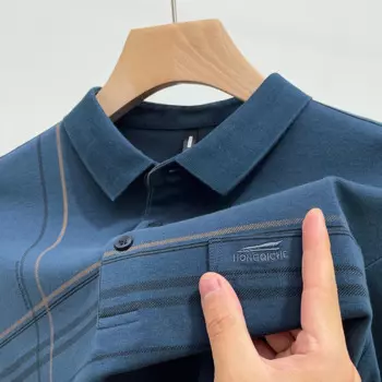 Мужская рубашка-поло с длинным рукавом, в полоску