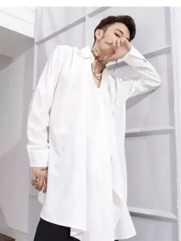 Мужская рубашка с длинным поясом, нестандартная Свободная рубашка большого размера с длинными рукавами и веревкой, индивидуальная футболка