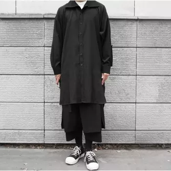 Мужская рубашка с длинными рукавами, свободная Однотонная рубашка с высоким воротником, весна-осень