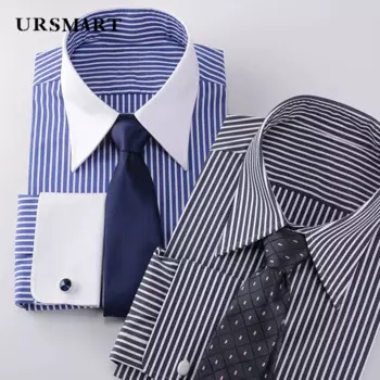 Мужская рубашка с французскими манжетами, белая деловая приталенная рубашка в полоску с длинными рукавами