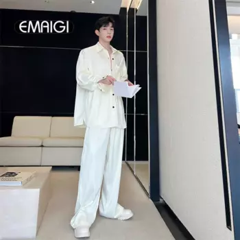 Мужская шелковая уличная одежда, модные свободные повседневные рубашки с длинным рукавом, брюки, комплекты из 2 предметов, мужские винтажные костюмы, блузки, брюки