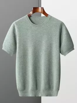 Мужская шерстяная футболка с круглым вырезом, с коротким рукавом