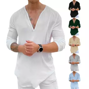 Мужская свободная футболка с длинным рукавом и V-образным вырезом