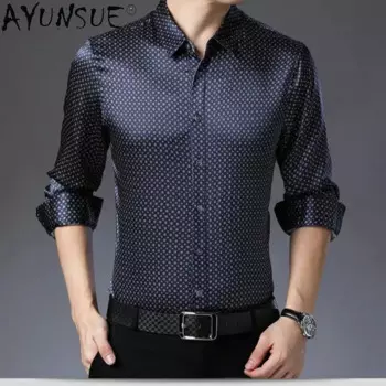 Мужская свободная рубашка из шелка и сатина с длинными рукавами