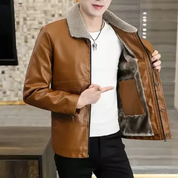 Мужская теплая куртка-бомбер из ПУ кожи, с меховым воротником