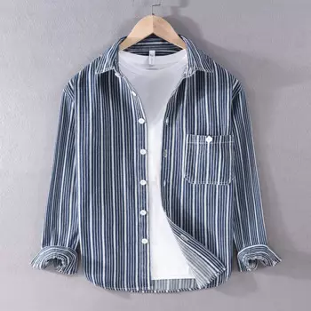 Мужская Толстая джинсовая рубашка, синяя хлопковая рубашка в полоску с длинным рукавом, лето 2019