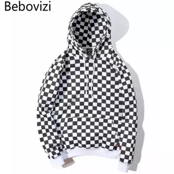 Мужская толстовка в стиле хип-хоп Bebovizi 2021, толстовка в шахматную клетку, худи, уличная одежда, Харадзюку, флисовый пуловер с капюшоном, хипстер