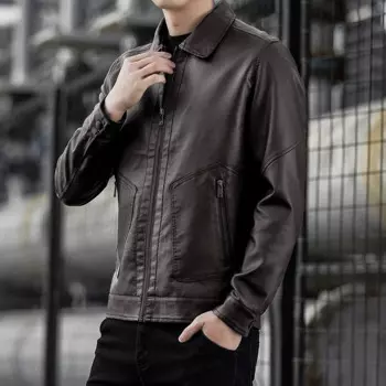 Мужская тонкая кожаная куртка с воротником-стойкой, мужская модная мотобайкерская ветрозащитная повседневная кожаная куртка, мотоциклетная куртка из искусственной кожи, пальто