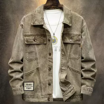 Мужская весенне-осенняя куртка в стиле ретро с длинными рукавами, свободная стираная хлопковая ностальгическая модная повседневная джинсовая однотонная модная куртка