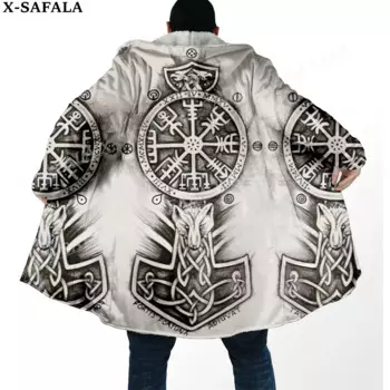 Мужская ветрозащитная накидка с капюшоном, зеленая Толстая теплая плащ с капюшоном и символами татуировок в стиле викингов, Осень-зима
