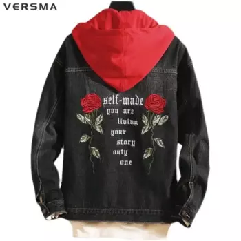 Мужская винтажная джинсовая куртка VERSMA, куртка-бомбер в Корейском стиле, с вышивкой в виде роз, джинсовая куртка оверсайз