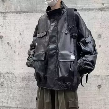 Мужская винтажная куртка-бомбер из ПУ кожи, с большими карманами