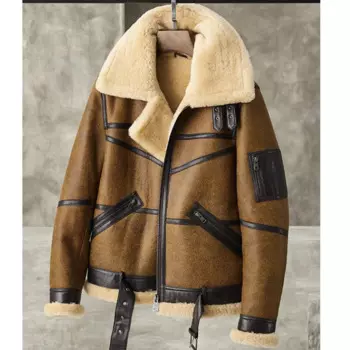 Мужская винтажная куртка из овчины, коричневая куртка-бомбер B3, меховая куртка, куртка из натуральной кожи