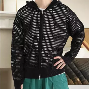 Мужская вязаная куртка, кардиган в стиле хоп, Мужское пальто, стильная ажурная куртка с капюшоном и застежкой-молнией, модная однотонная куртка на осень и зиму