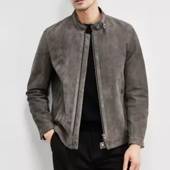 Мужская замшевая куртка из шкуры ягненка, Высококачественная приталенная серая мотоциклетная куртка из натуральной кожи с круглым воротником, 2023
