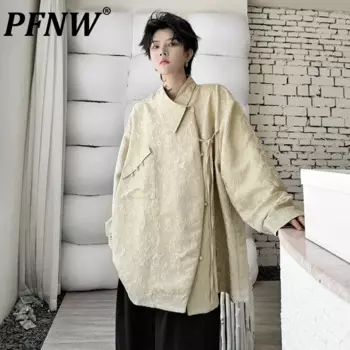 Мужская жаккардовая рубашка PFNW, однотонная однобортная рубашка с отложным воротником и длинными рукавами, на шнуровке, в Корейском стиле, 9C7412