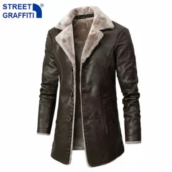 Мужская зимняя длинная толстая куртка из искусственной кожи на флисе, Мужская Уличная одежда, повседневная Деловая одежда, куртка, кожаные куртки, пальто, мужская верхняя одежда