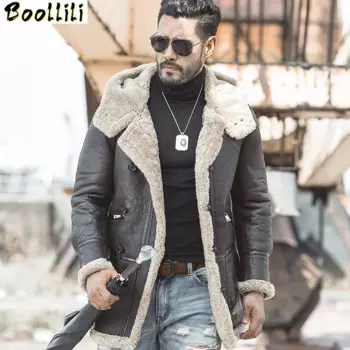 Мужская зимняя куртка из натуральной кожи, с капюшоном