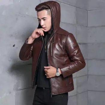 Мужская зимняя куртка из натуральной кожи с меховой подкладкой