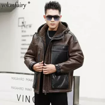 Мужская зимняя куртка из натуральной кожи, с капюшоном