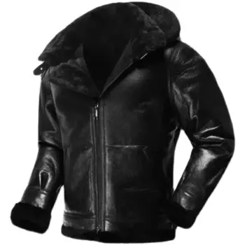 Мужская зимняя куртка из натуральной овчины с капюшоном и мехом