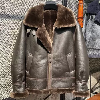 Мужская зимняя куртка из натуральной овечьей кожи, с мехом