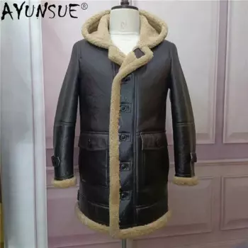 Мужская зимняя куртка из натуральной овечьей кожи, с мехом