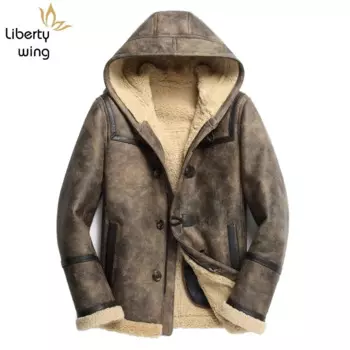 Мужская зимняя куртка из овчины с капюшоном и мехом ягненка