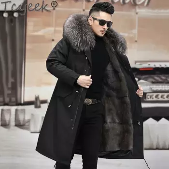 Мужская зимняя куртка Tcyeek, теплая парка со съемной подкладкой из меха норки, Модная парка с воротником из натурального меха енота на зиму 2023